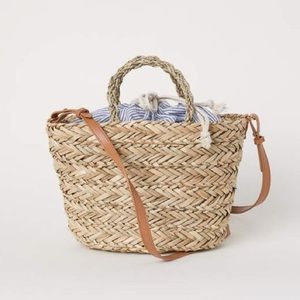 Straw Bag with Blue Stripe Fabric Bag - Never Used